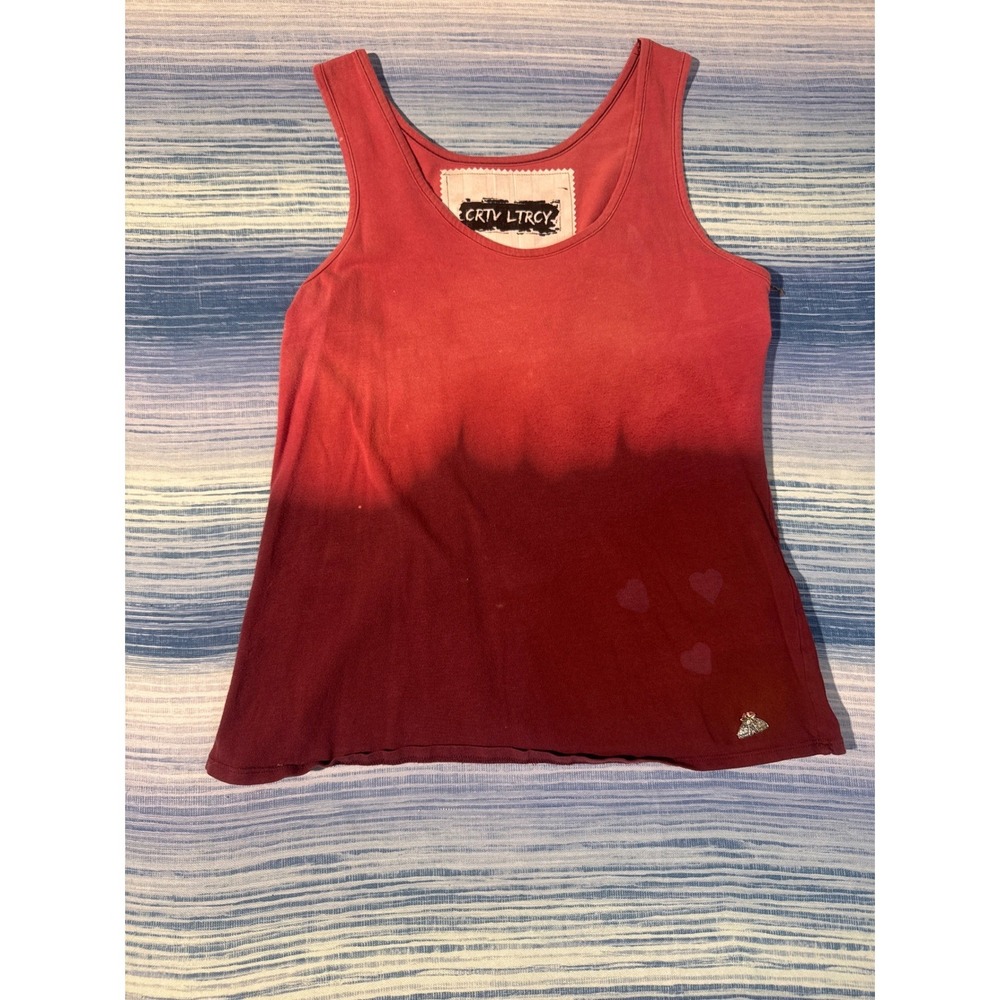 Upcycled Dip Dye Tank Red Ombre Tonal Hearts Moth Charm Sleeveless Womens Medium